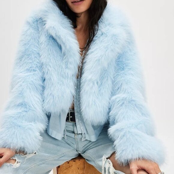 Free People Paris Cropped Faux Fur Jacket Size L in Ice Water - Picture 4 of 16